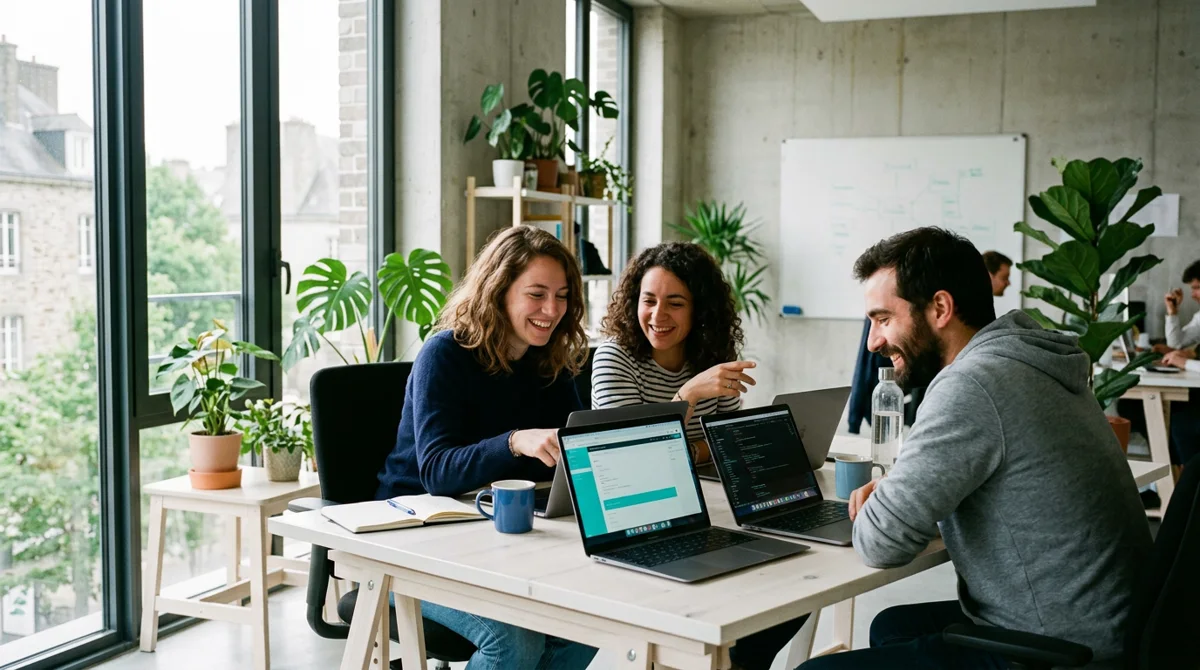 L'équipe DataGone dans ses bureaux à Rennes, réunie autour d'un poste de travail